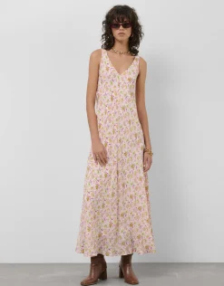 Vestido midi de tirante fruncido estampado floral rosa