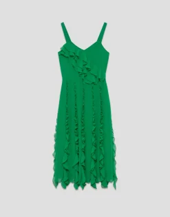 Vestido midi en crepe georgette verde con volantes verticales