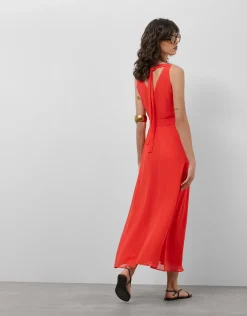 Vestido midi escote halter anudado en crepe georgette rojo