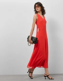 Vestido midi escote halter anudado en crepe georgette rojo