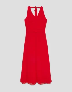 Vestido midi escote halter anudado en crepe georgette rojo