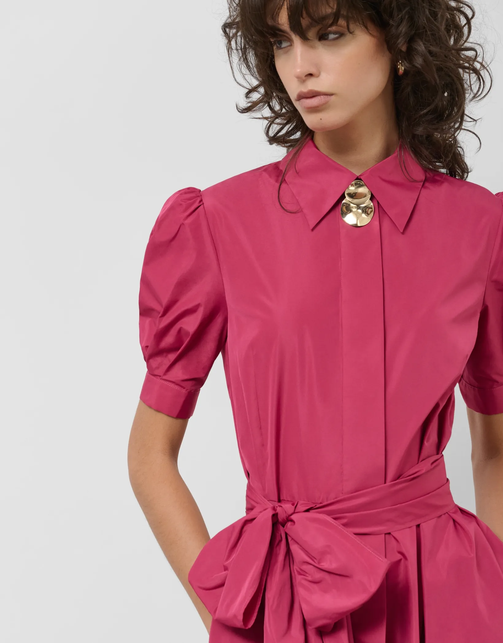 Vestido midi manga corta tafeta frambuesa