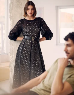 Vestido midi manga larga guipur negro