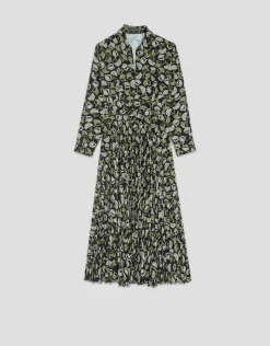 Vestido midi plisado negro estampado hojas tonos verdes