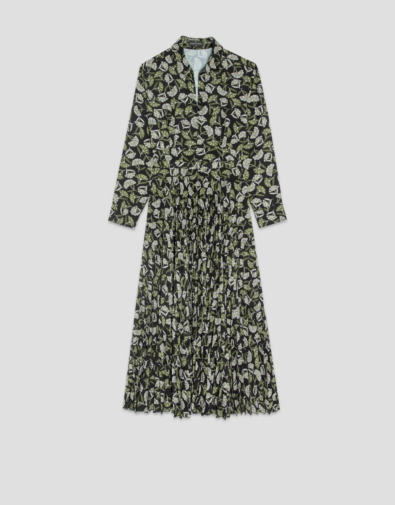 Vestido midi plisado negro estampado hojas tonos verdes