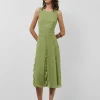 Vestido midi sin mangas con volantes en crepe georgette verde