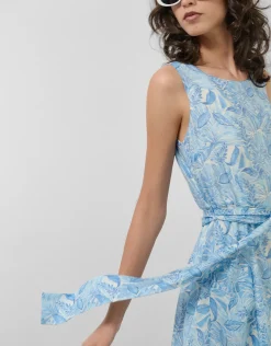 Vestido midi sin mangas en gasa estampado vegetal azules