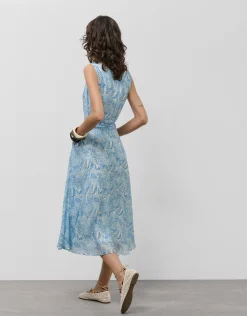 Vestido midi sin mangas en gasa estampado vegetal azules