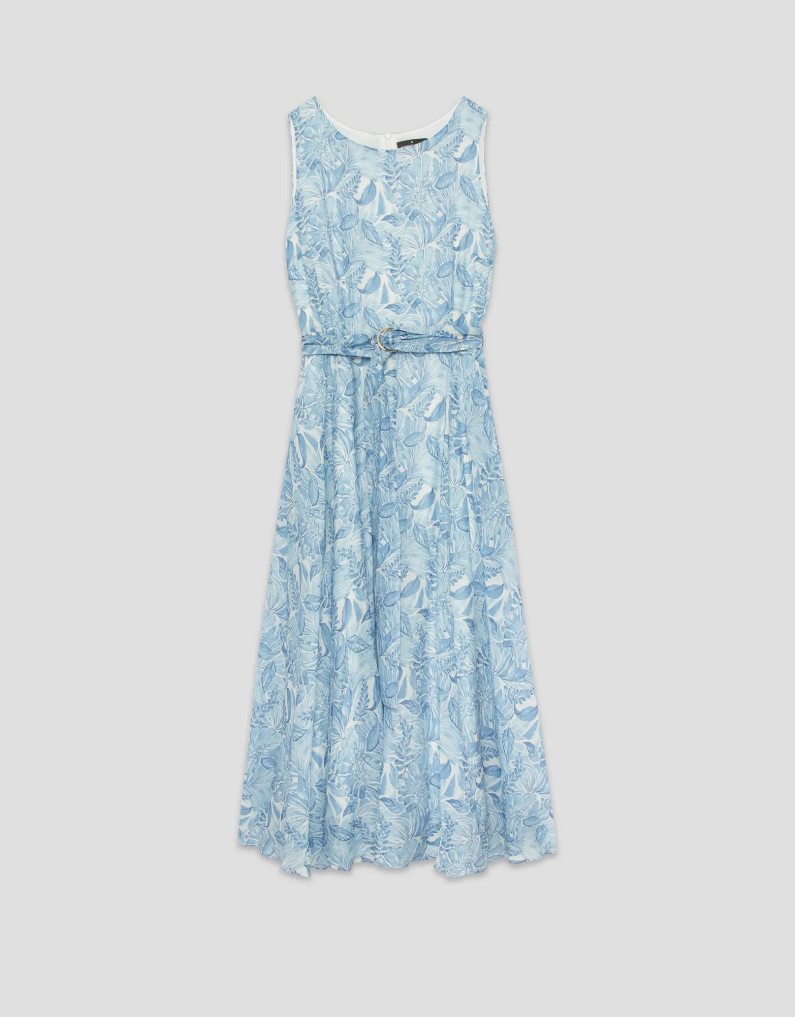 Vestido midi sin mangas en gasa estampado vegetal azules